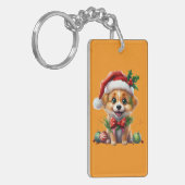 サンタハットとボウの可愛いクリスマスパピー キーホルダー (正面左)