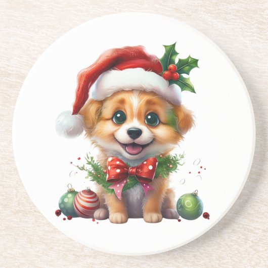 サンタハットとボウの可愛いクリスマスパピー コースター (正面)