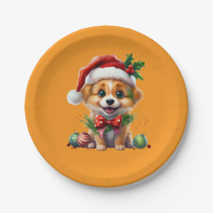 サンタハットとボウの可愛いクリスマスパピー ペーパープレート