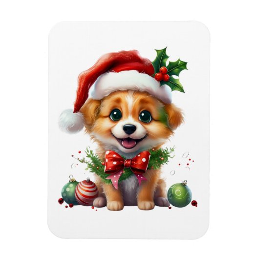 サンタハットとボウの可愛いクリスマスパピー マグネット (縦)