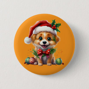 サンタハットとボウの可愛いクリスマスパピー 缶バッジ