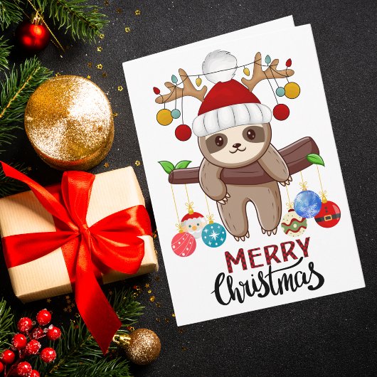 サンタハットと可愛いナマケモノ、クリスマスライト&ボール シーズンカード