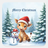 サンタハットと可愛い漫画キリン&雪だるま スクエアシール (正面)