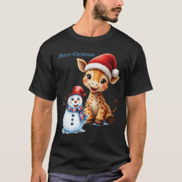 サンタハットと可愛い漫画キリン&雪だるま Tシャツ