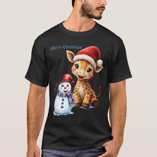 サンタハットと可愛い漫画キリン&雪だるま Tシャツ (正面)