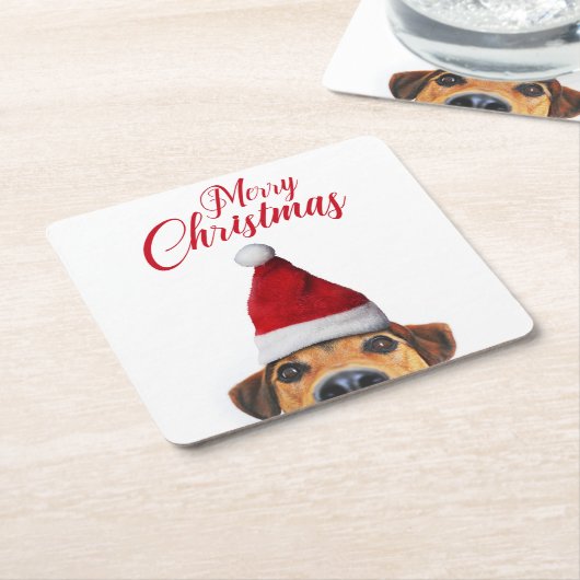 サンタハットと奇妙なかわいいおもしろい犬 スクエアペーパーコースター (アングル)