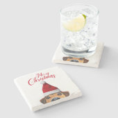 サンタハットと奇妙なかわいいおもしろい犬 ストーンコースター (横)