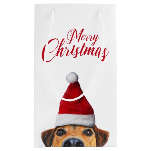 サンタハットと奇妙なかわいいおもしろい犬 スモールペーパーバッグ (裏面)
