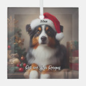 サンタハットと美しいオーストラリアの羊飼い ガラスオーナメント (正面)