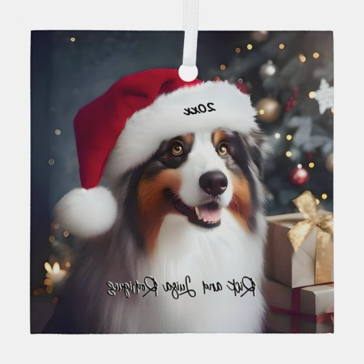 サンタハットと美しいオーストラリアの羊飼い ガラスオーナメント (裏面)