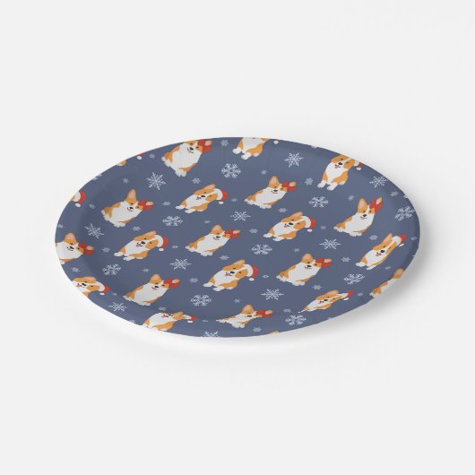 サンタハットと雪片パターンのコーギー ペーパープレート (アングル)