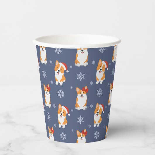 サンタハットと雪片パターンのコーギー 紙コップ (正面)