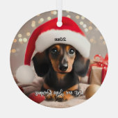 サンタハットと黒とタンのダックスシャントの子犬 ガラスオーナメント (裏面)