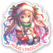 サンタハットにアニメガール水の色のクリスマス シール (正面)