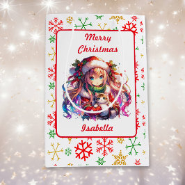 サンタハットにアニメガール水の色のクリスマス ミディアムペーパーバッグ