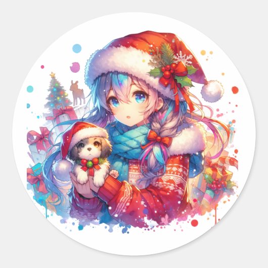 サンタハットにアニメガール水の色のクリスマス ラウンドシール (正面)