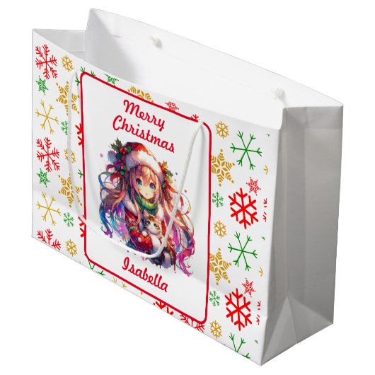サンタハットにアニメガール水の色のクリスマス ラージペーパーバッグ (正面アングル)