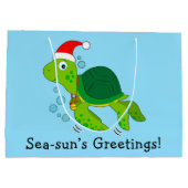 サンタハットにウミガメ海クリスマスホリデー ラージペーパーバッグ (裏面)