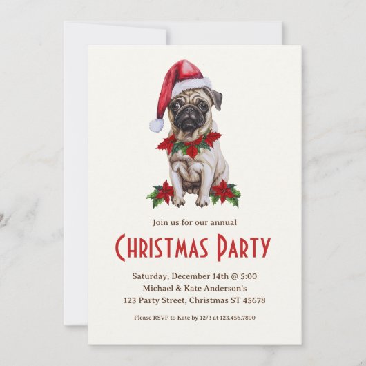 サンタハットにパグ犬かわいい犬のクリスマスパーティー 招待状 (正面)
