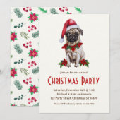 サンタハットにパグ犬かわいい犬のクリスマスパーティー 招待状 (正面/裏面)