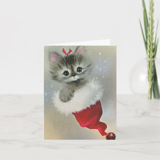 サンタハットにビンテージクリスマスの子猫 シーズンカード (正面)