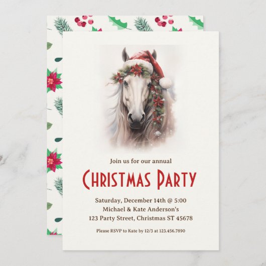 サンタハットにホワイトホース魔法クリスマスパーティー 招待状 (正面/裏面)