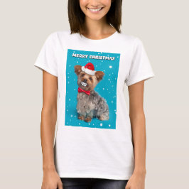 サンタハットにヨークシャーテリアしたメリークリスマスの犬 Tシャツ