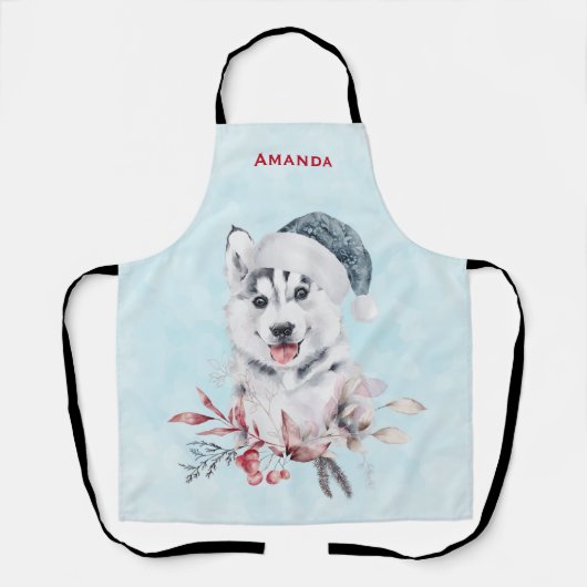サンタハットに住むクリスマスハスキー犬 エプロン (正面)