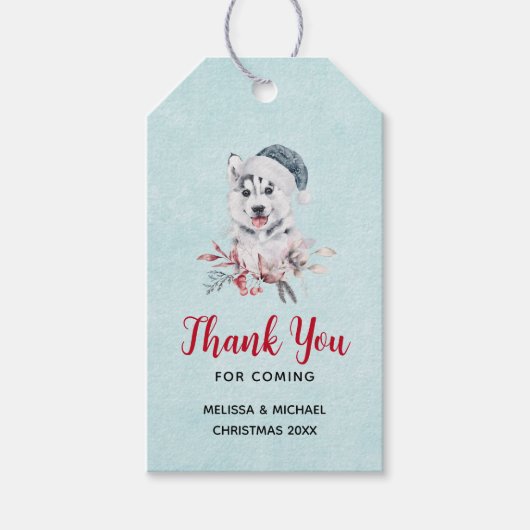 サンタハットに住むクリスマスハスキー犬 ギフトタグ (正面)