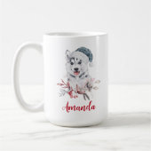 サンタハットに住むクリスマスハスキー犬 コーヒーマグカップ (左)