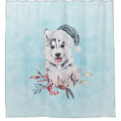 サンタハットに住むクリスマスハスキー犬 シャワーカーテン (正面)