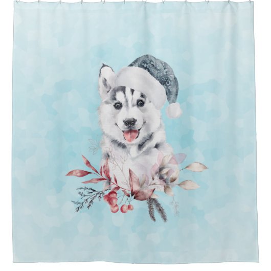 サンタハットに住むクリスマスハスキー犬 シャワーカーテン (正面)