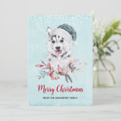 サンタハットに住むクリスマスハスキー犬 シーズンカード (スタンド正面)