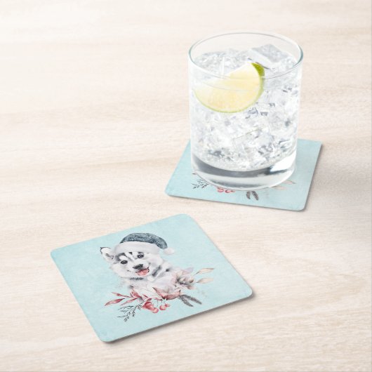 サンタハットに住むクリスマスハスキー犬 スクエアペーパーコースター (インサイチュ)