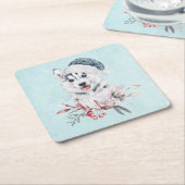 サンタハットに住むクリスマスハスキー犬 スクエアペーパーコースター (アングル)