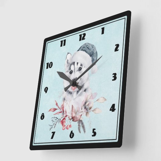 サンタハットに住むクリスマスハスキー犬 スクエア壁時計 (傾斜)