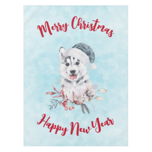 サンタハットに住むクリスマスハスキー犬 テーブルクロス
