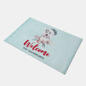 サンタハットに住むクリスマスハスキー犬 ドアマット (アングル)