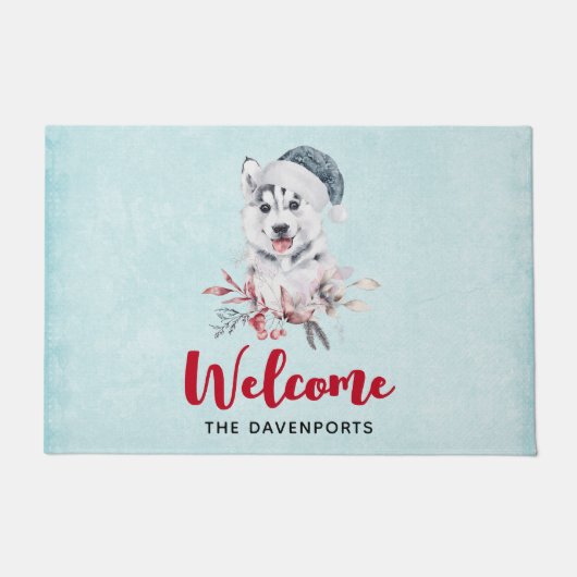 サンタハットに住むクリスマスハスキー犬 ドアマット (正面)