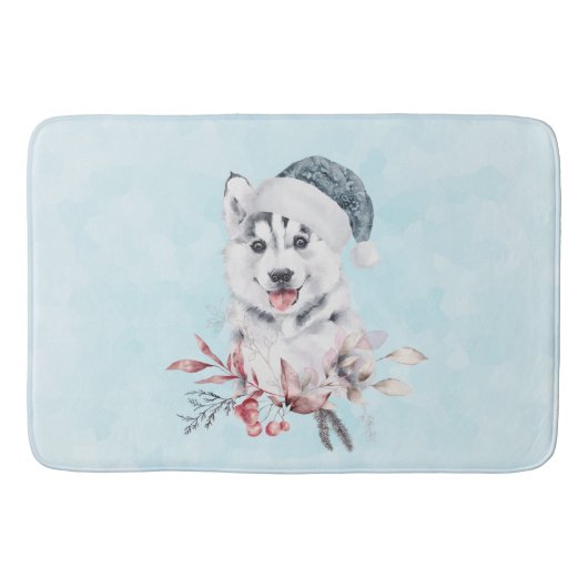 サンタハットに住むクリスマスハスキー犬 バスマット (正面)