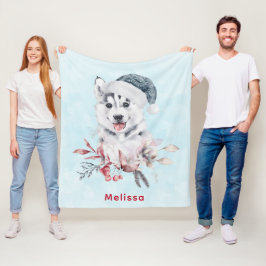 サンタハットに住むクリスマスハスキー犬 フリースブランケット