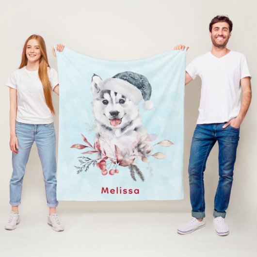 サンタハットに住むクリスマスハスキー犬 フリースブランケット (インサイチュ)