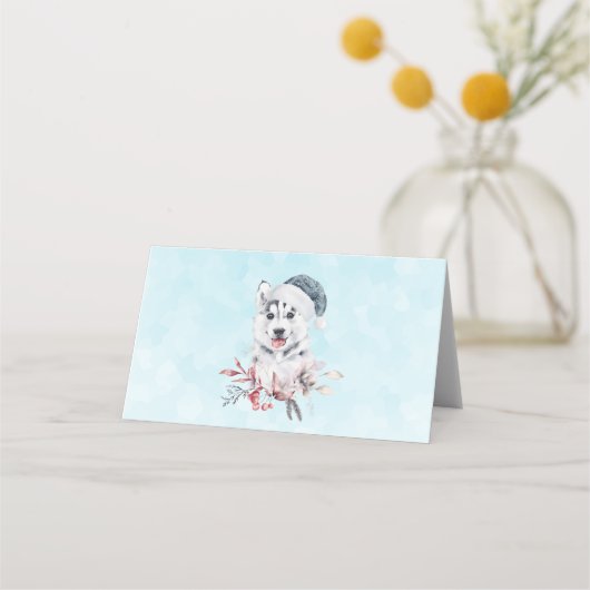 サンタハットに住むクリスマスハスキー犬 プレイスカード (正面)