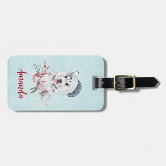 サンタハットに住むクリスマスハスキー犬 ラゲッジタグ (正面横)