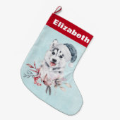 サンタハットに住むクリスマスハスキー犬 ラージクリスマスストッキング (正面 (吊り時))