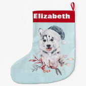 サンタハットに住むクリスマスハスキー犬 ラージクリスマスストッキング (裏面)