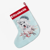 サンタハットに住むクリスマスハスキー犬 ラージクリスマスストッキング (裏面 (吊り時))