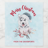 サンタハットに住むクリスマスハスキー犬 ワインラベル (シングルラベル)