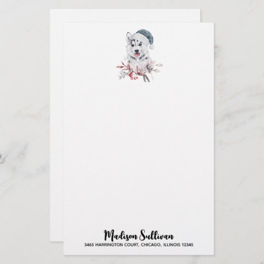 サンタハットに住むクリスマスハスキー犬 便箋 (正面/裏面)