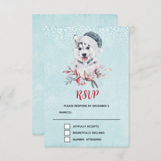 サンタハットに住むクリスマスハスキー犬 出欠カード (正面/裏面)